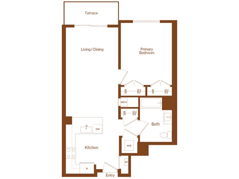 A floor plan of a house with a terrace, living/dining area, kitchen, bath, and primary bedroom.