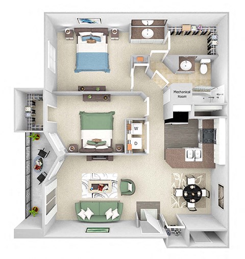 Park Del Mar - B1 - Bellini - 2 bedroom - 1 bathroom - 3D floor plan