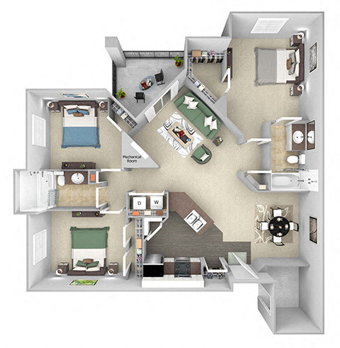 Park Del Mar - C1 - Renoir - 3 bedroom - 2 bathroom - 3D floor plan