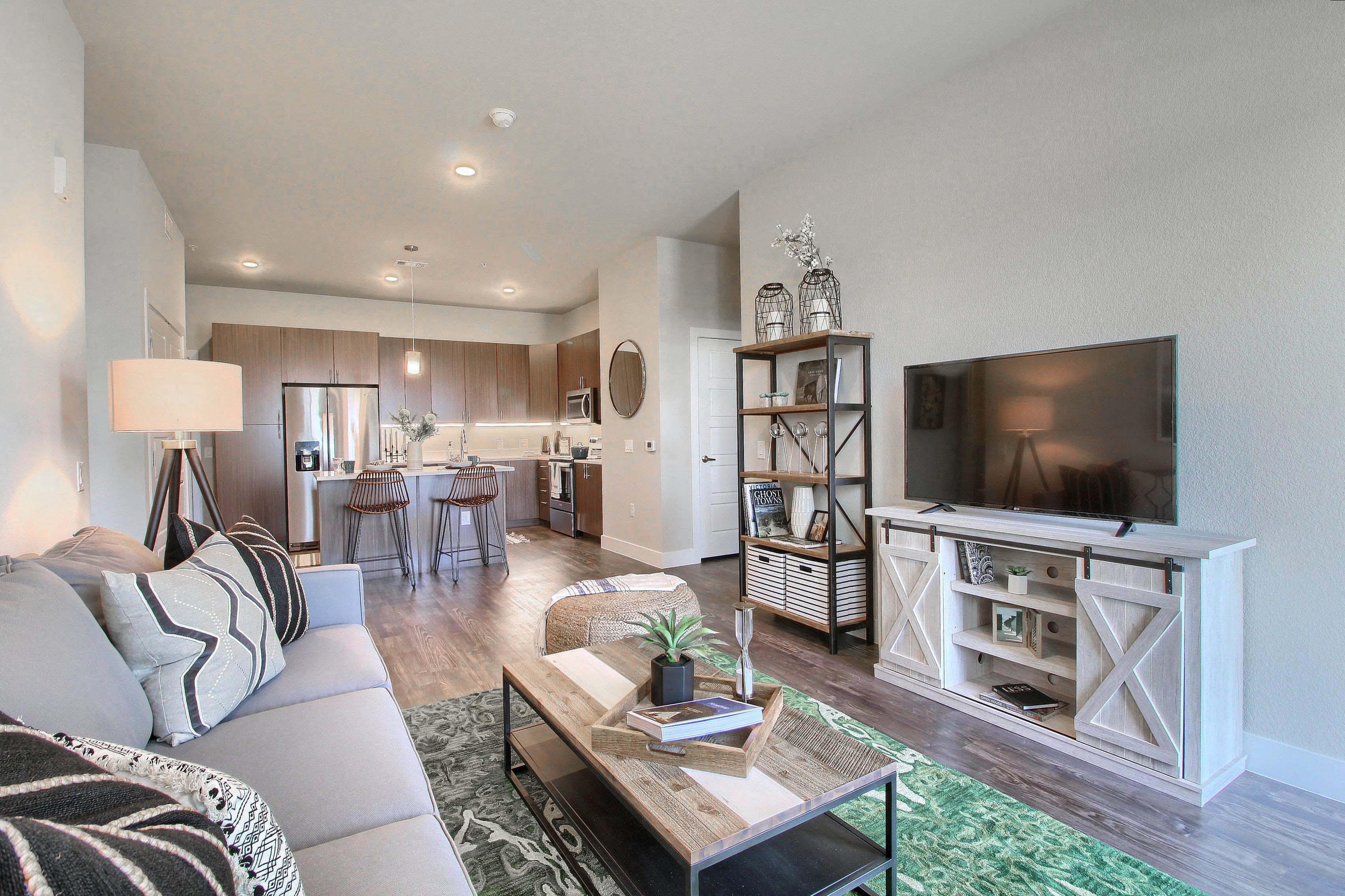 a living room with a couch and a tv