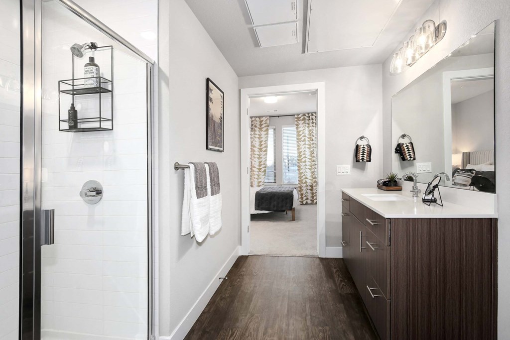 a bathroom with a shower and a sink and a mirror
