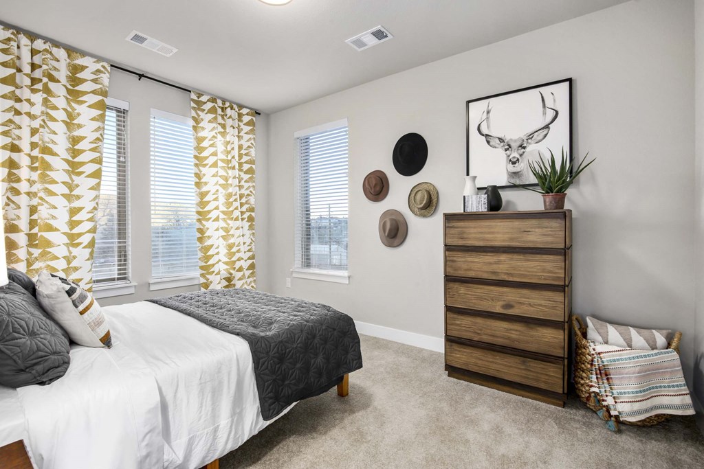 a bedroom with a bed and a dresser and windows