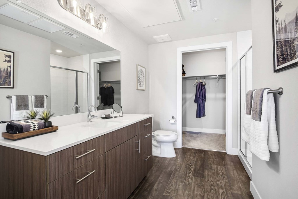 a bathroom with a large mirror and a toilet