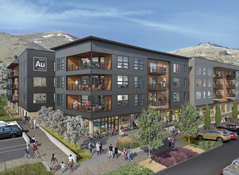 A rendering of a modern apartment complex with people walking around the courtyard.
