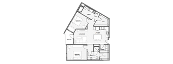 A black and white image of a house floor plan with two bedrooms, a living room, a kitchen, a laundry room, and a balcony.