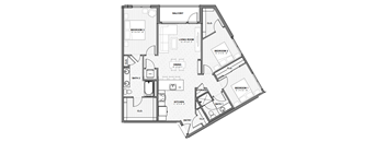 A floor plan of an apartment with a balcony, two bedrooms, a living room, a dining room, a kitchen, two bathrooms, storage, and an entry.