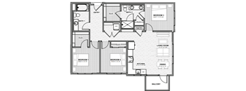 A black and white floor plan of an apartment with three bedrooms, a living room, a kitchen, a pantry, and a balcony.