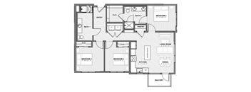 A black and white floor plan of an apartment with two bedrooms, a living room, a kitchen, a dining area, a pantry, two bathrooms, and a balcony.