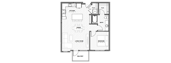 A black and white image of a house floor plan with a kitchen, dining room, living room, two bedrooms, a bathroom, and a balcony.