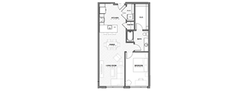 A floor plan of an apartment with a living room, dining room, kitchen, bathroom, pantry, and two bedrooms.