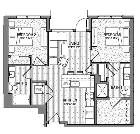 a schematic floor plan of a house with bedrooms and a kitchen