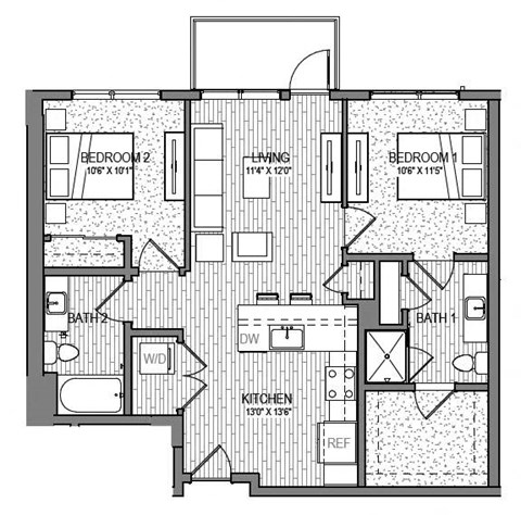 a floor plan of an apartment building with bedrooms and bathrooms