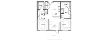 A floor plan of a house with two bedrooms, a living room, a kitchen, a bath, a laundry area, and a closet.