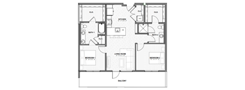 A black and white floor plan of a house with two bedrooms, a living room, a kitchen, a bathroom, and a balcony.