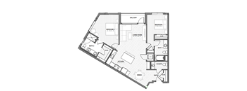 A black and white floor plan of a house with two bedrooms, a living room, a kitchen, two bathrooms, and a balcony.