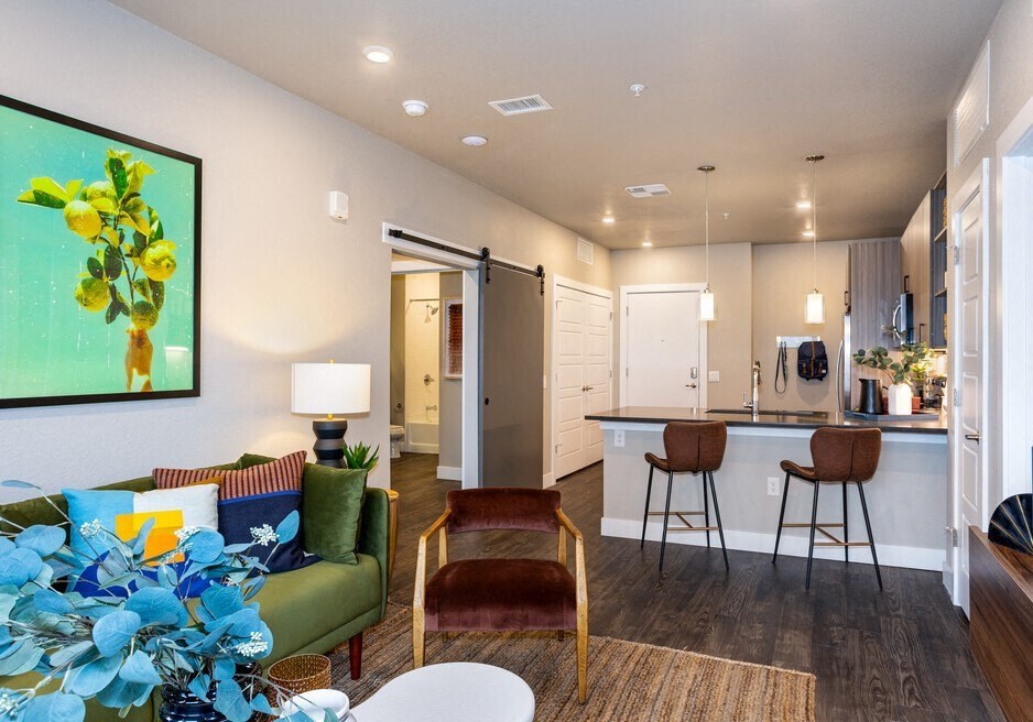 a living room and kitchen in a house