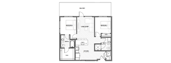 A floor plan of a balcony with two bedrooms, a living room, a kitchen, and two bathrooms.