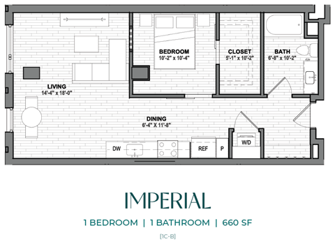 A floor plan of a one bedroom, one bathroom apartment.