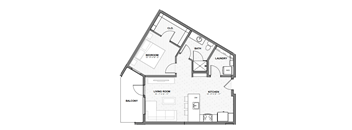 A floor plan of a house with a living room, kitchen, bedroom, bathroom, laundry, and balcony.