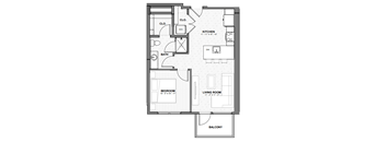 A floor plan of a house with a kitchen, living room, bedroom, and bathroom.