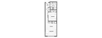A floor plan of a small apartment with a bedroom, living room, kitchen, and bathroom.