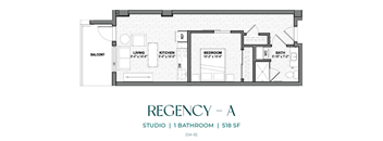 A drawing of a floor plan for a studio apartment with one bathroom.