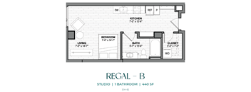 A black and white image of a floor plan for a studio apartment.