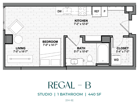 A black and white image of a floor plan for a studio apartment.