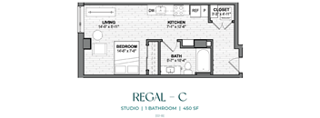 A drawing of a studio apartment with a living room, kitchen, bathroom and bedroom.