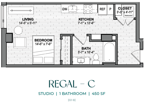 A drawing of a studio apartment with a living room, kitchen, bathroom and bedroom.