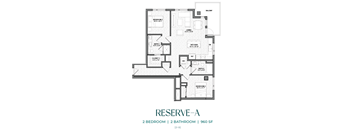 A floor plan for a 2 bedroom, 2 bathroom apartment at 960 SF.