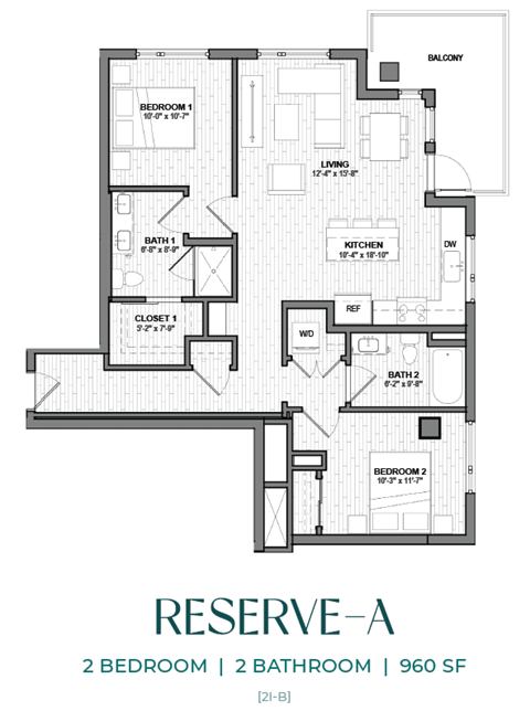 A floor plan for a 2 bedroom, 2 bathroom apartment at 960 SF.