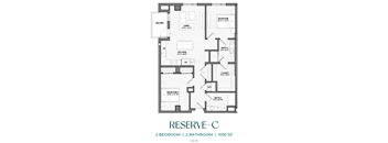 A floor plan for a 2 bedroom, 2 bathroom apartment at 1050 SF.