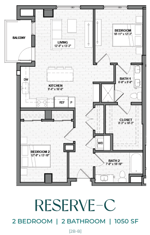 A floor plan for a 2 bedroom, 2 bathroom apartment at 1050 SF.
