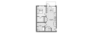 a floor plan of a small apartment with a bedroom and a kitchen