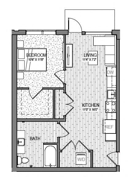 a floor plan of a small apartment with a bedroom and a kitchen