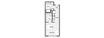 A floor plan of a small apartment with a living room, bedroom, kitchen, cloakroom and bathroom.