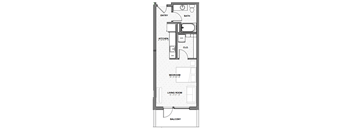 A floor plan of an apartment with a balcony.