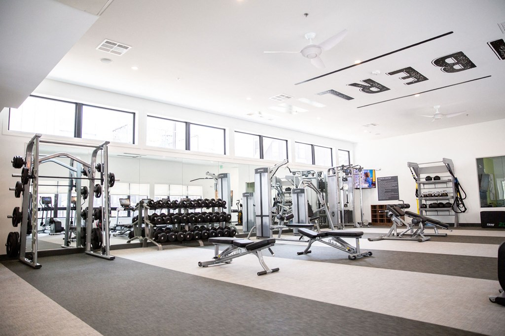 a large fitness room with weights and cardio equipment and windows