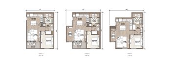 Three floor plans for apartments labeled A, B, and C.