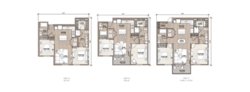 Three floor plans for units A, B, and C are shown.