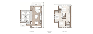 A floor plan of a two-story townhouse with labeled rooms.