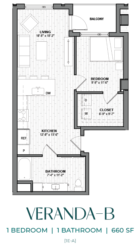 A floor plan of a one bedroom apartment with a bathroom.