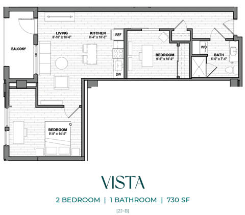 A black and white image of a floor plan for a 2 bedroom, 1 bathroom apartment at 730 S F.