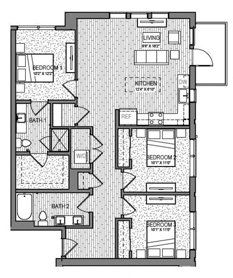 a floor plan of an apartment building with bedrooms and a garage