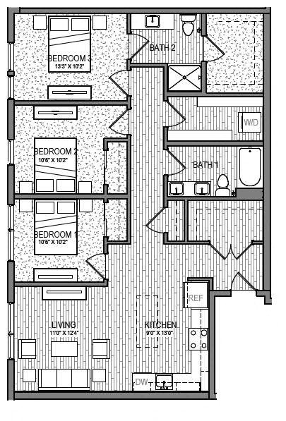 a floor plan of a house with a combination of bedrooms and a living room