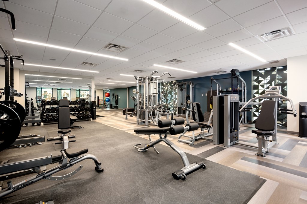 A gym with a variety of equipment including weights and machines.