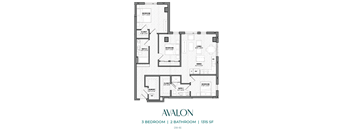 A floor plan for an apartment with three bedrooms and two bathrooms.