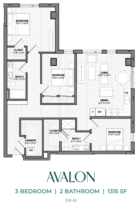 A floor plan for an apartment with three bedrooms and two bathrooms.