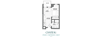A floor plan of a one bedroom apartment with a living room, kitchen, and bathroom.